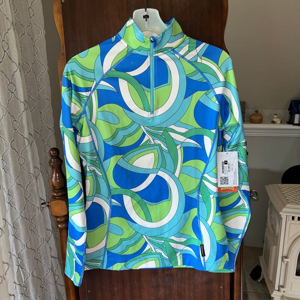 NWT Hot Chillys small Women's Micro Elite Chamois Fiesta Zip-T 70s Tangy Lime